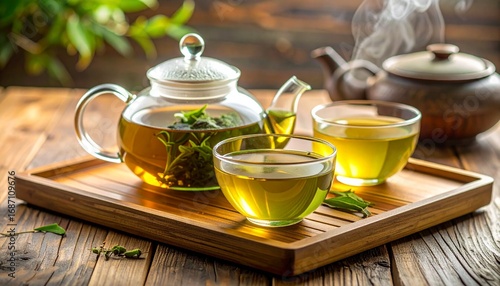Still life of a tea set with two cups on a wooden tray on a rustic table with warm tones.