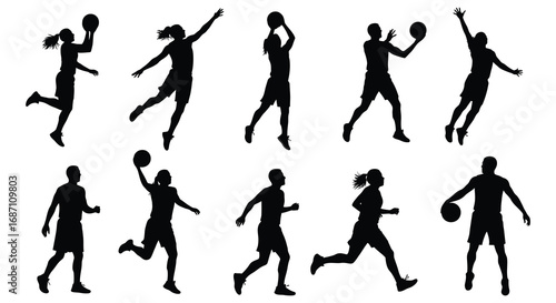 basketball players in various action poses during game