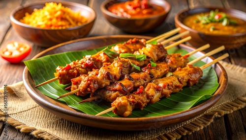 Delicious satay skewers on a banana leaf-lined plate with savory sauces and spices in wooden bowls on a rustic wooden table.