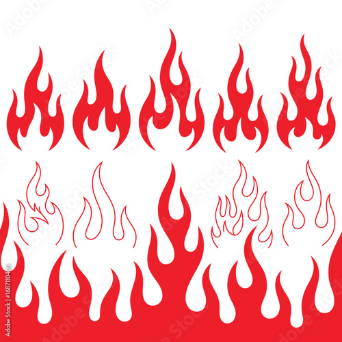 A vibrant vector illustration set of orange and red fire flames, a symbol of heat and burning