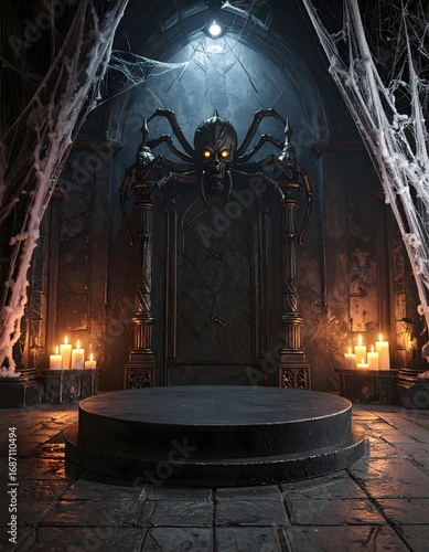 Gothic Stone Podium with Giant Spider, Glowing Eyes, Cobwebs, and Candlelight for Spooky Halloween Product Display