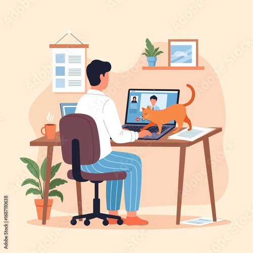 Working from home Man in pajamas on video call via laptop, playful cat on desk, depicting modern remote work and a balanced home office lifestyle