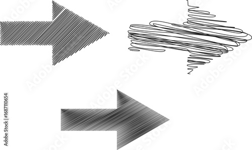 Set of three hand-drawn arrows with scribble and hatching textures. Collection of black and white sketch doodle pointers isolated on a white background