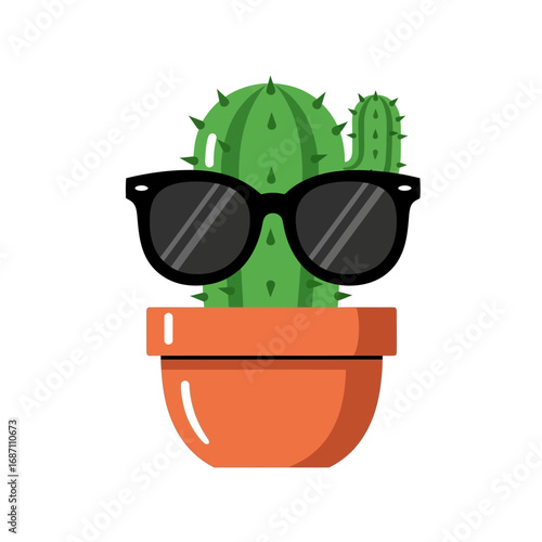 A cool and stylized cactus character sporting fashionable black sunglasses, embodying a unique, playful desert vibe with a cheerful, expressive personality