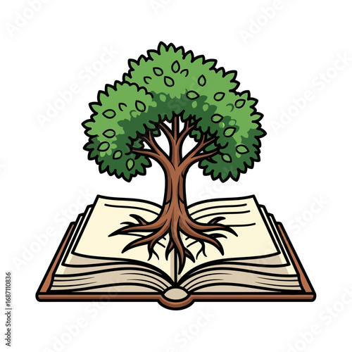 Illustration of an open book with a tree growing from its pages, symbolizing knowledge and growth