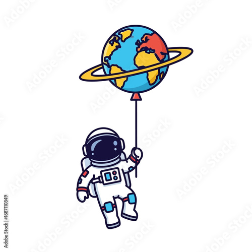 Whimsical astronaut soaring through space, holding an Earth balloon, symbolizing imaginative cosmic travel and boundless exploration