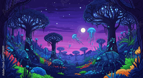 Mystical Moonlight A Pixel Art Fantasy Landscape with Glowing Flora and Fauna
