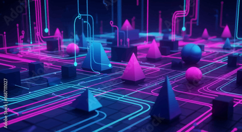 Cybernetic landscape with glowing neon data streams and geometric nodes representing a futuristic technological network