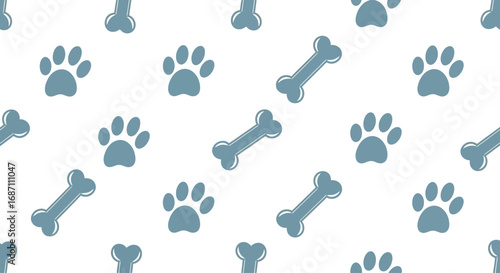A cute and simple seamless vector pattern featuring blue dog paw prints and cartoon bones on a clean white background for animal themes