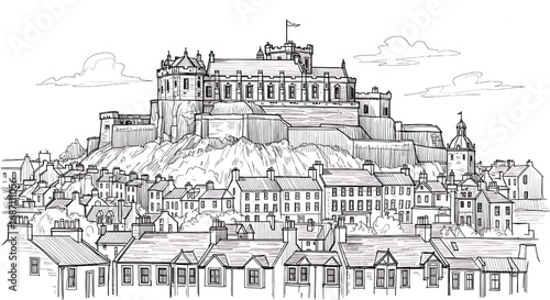 Hand-drawn sketch of Edinburgh Castle in Edinburgh, Scotland. A detailed black and white illustration of the historic fortress on Castle Rock.
