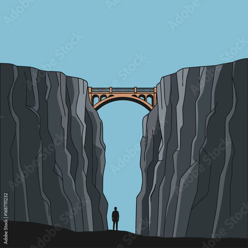 A lone figure stands at the edge of a vast divide, contemplating an elegant bridge bridging the chasm, symbolizing connection, a path forward, and overcoming challenges