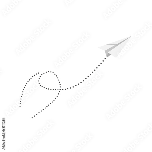 A white paper airplane soaring through the sky, leaving a dotted line trail behind it, symbolizing travel and imagination