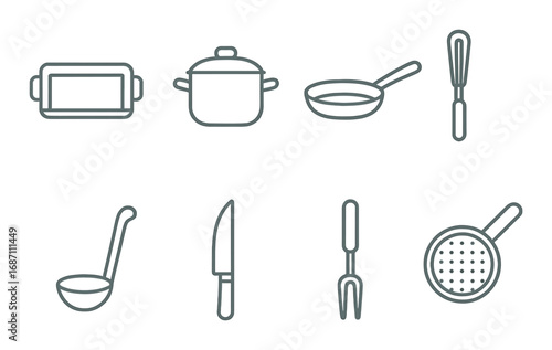Kitchen utensils outline: cutting board, pot, pan, whisk, ladle, knife, fork, strainer