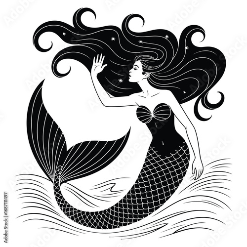 Vector illustration of an angel woman with a floral tattoo and a tribal pattern drawing