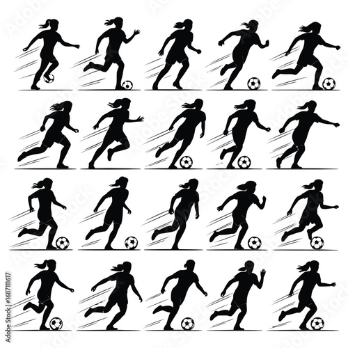 A vector illustration of black silhouettes of soccer players running with a ball during a competition