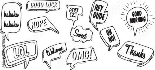 Casual Speech Bubble Doodles with Fun Phrases, Creative Design, Black and White, Playful, Artistic, Whimsical, Expressive, Illustrated, Humorous, Bold, Simple, Modern, Comic Style, Friendly, Chatty, E