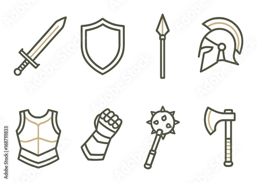 Golden medieval weapon set: sword, shield, spear, helmet, armor, gauntlet, mace, axe