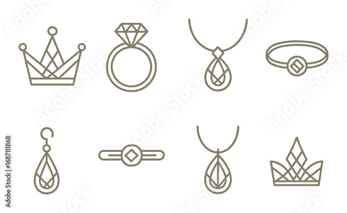 Elegant jewelry icon set featuring crowns, rings, and necklaces on gold background