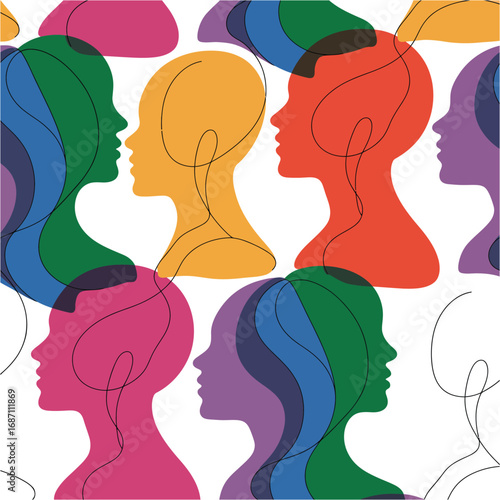 Woman and man in a black silhouette vector illustration of a loving couple talking face to face with intertwined heart-shaped hairstyles