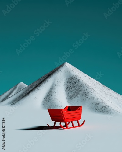 Red Wooden Sleigh on Snow with Teal Sky and Mountain Peaks, Minimalist, Artistic, Holiday Vibe