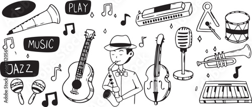 Musical Instrument Doodles with Melody Theme, Black and White, Artistic, Playful, Illustrated, Expressive, Unique, Simple, Fun, Musical, Whimsical, Joyful, Melodic, Creative, Rhythmic, Harmonious, Moo