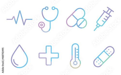 Neon medical icons: heartbeat, stethoscope, pills, syringe, blood, cross, thermometer, bandage