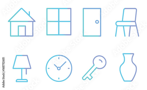 Glowing neon icons of home: house, window, door, chair, lamp, clock, key, vase