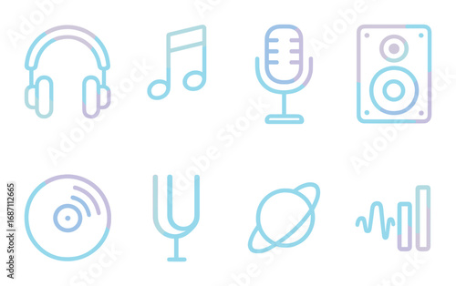 Neon audio icons: headphones, music note, microphone, speaker, record, tuning fork, planet, soundwave