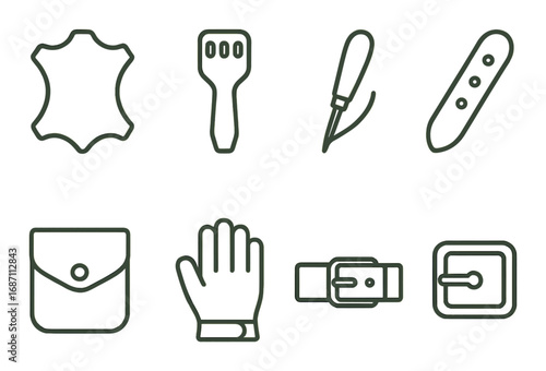 Leather craft icons: tools, materials, and accessories on green background