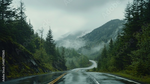 Winding Mountain Road in Maine, Foggy Rainy Pine Trees, Gray Sky Neutral Tone Product Photography
