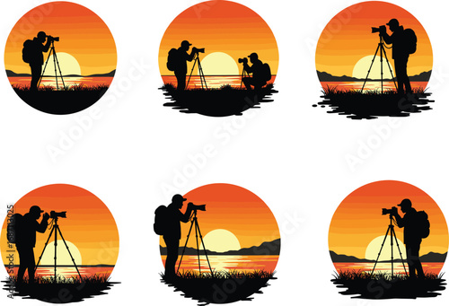 Circular silhouette, photographer with tripod, sunset mountain view, backpack, outdoor shoot, golden hour, nature, landscape, water