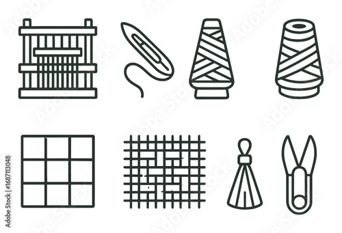 Outline icons of weaving tools and textiles on olive green background