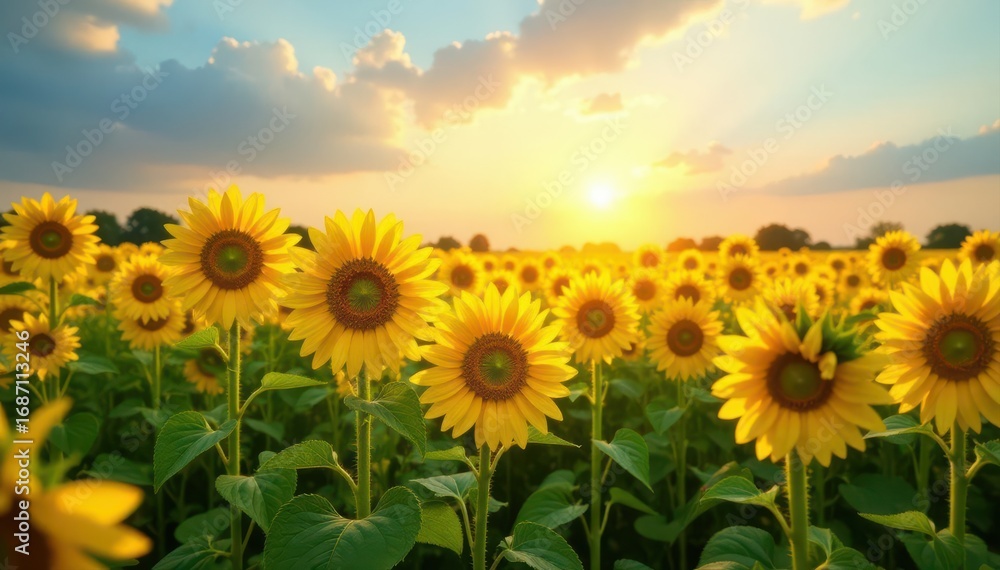 Naklejka premium Tall sunflowers facing the sun, vast field of blooms , cheerful, flowers, vast