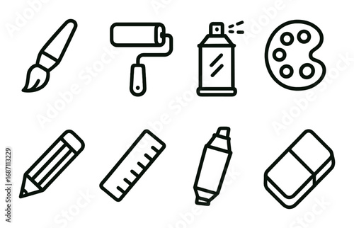 Art supplies icons set featuring paintbrush pens and eraser on yellow background