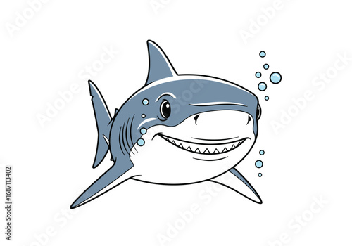 A cartoon great white shark swimming happily underwater with bubbles rising upwards