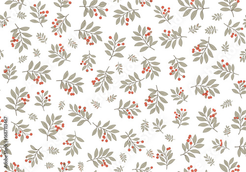 Delicate rowan berry foliage pattern with subtle autumnal hues on a white background