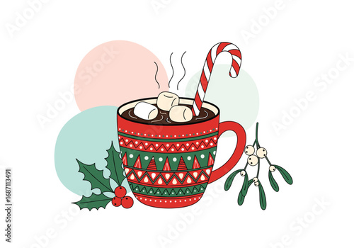Cozy christmas drink with marshmallows and candy cane and holly and mistletoe decoration