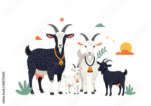 Happy family of goats standing together under a bright sunny sky