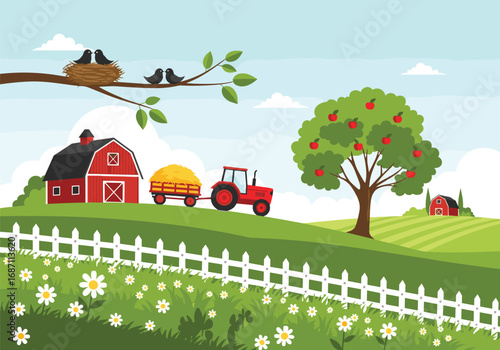 Charming rural scene with red barn tractor and apple tree