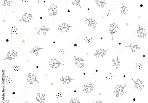 Charming whimsical pattern of delicate hand drawn botanical elements and scattered dots