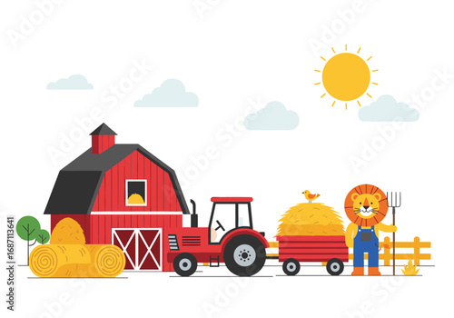 Charming cartoon farm scene with a friendly lion farmer and red tractor