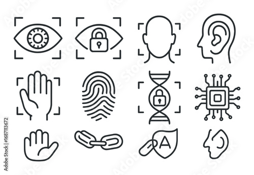 Biometric security icons: eye, lock, head, ear, hand, fingerprint, dna, chip, link, shield