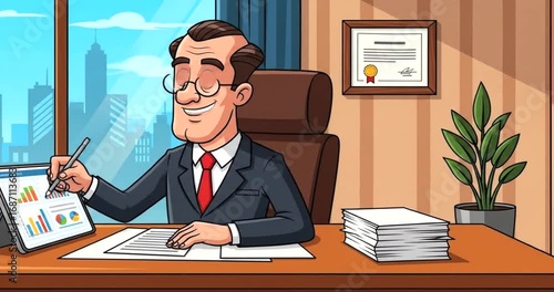 The bespectacled CEO reviews charts ready to grow the business his office reflecting success