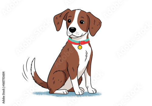 Adorable brown and white puppy dog sitting attentively with tail wagging