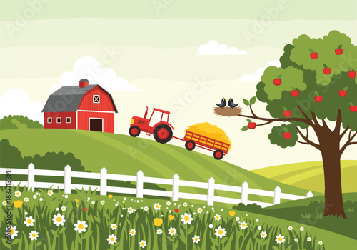 A red tractor hauling hay up a green hill beside an apple tree and a barn