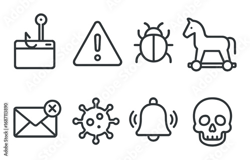 Cybersecurity danger icons: phishing, malware, virus, trojan, alert, notification, warning signs