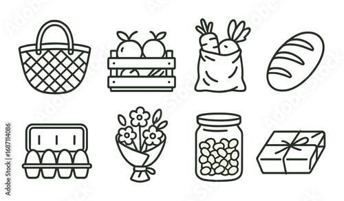 Grocery icons featuring basket, produce, eggs, flowers, jar, and bread on khaki background