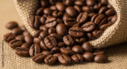 A close up shot of roasted coffee beans spilling out of a burlap sack on a burlap surface top view