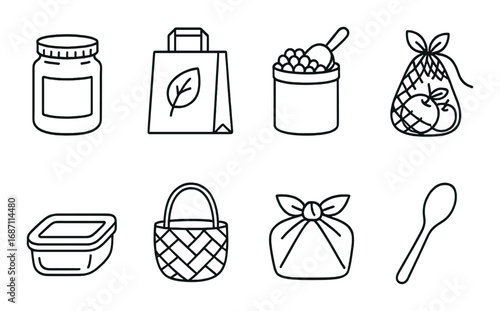 Eco-friendly icons: reusable containers, bags, and wooden spoon