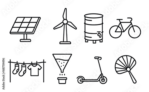 Sustainable living icons: solar, wind, rain barrel, bicycle, clothesline, filter, scooter, fan